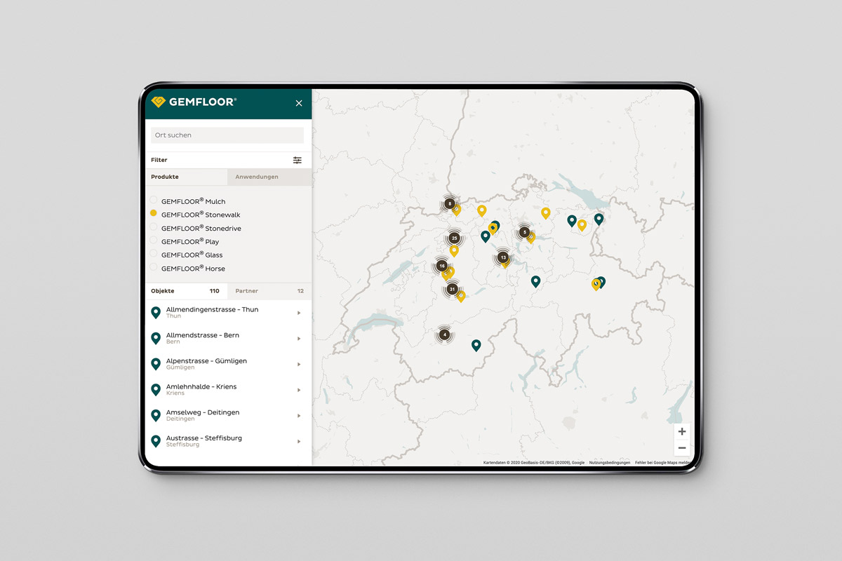 Gemfloor AG, Interaktive Karte der Referenzobjekte